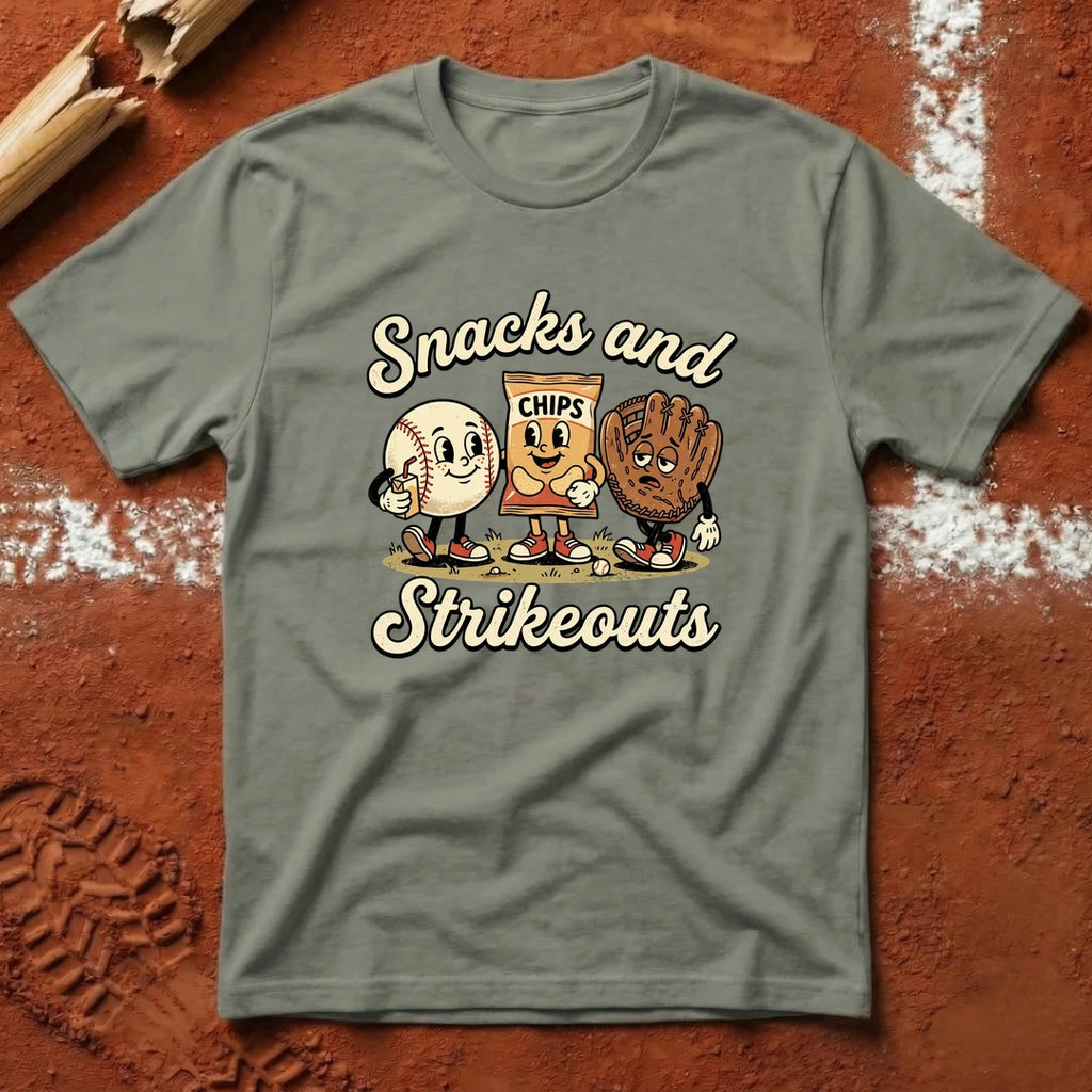 Snacks In Strikeouts T-Shirt - Heather Military Green | Pitch Please